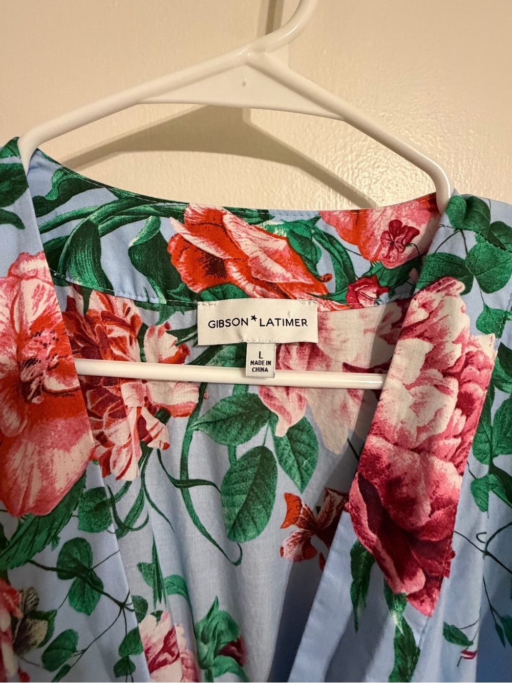 Gibson Latimer Light Blue Floral Wrap Midi Dress with Pink & Red Blooms - Picture 3 of 6